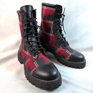 NWOT Current Mood Hate To Love Faux Leather Red Plaid Lace Up Combat Boots